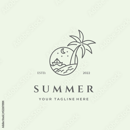 summer logo line art minimalist travel ocean wave palm tree vector