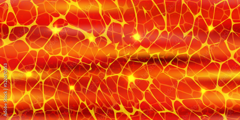 Seamless texture of glowing magma surface or volcano lava river top view. Abstract vector background. Molten metal effect. Liquid steel. Red, yellow, orange, black gradient. Fire wallpaper