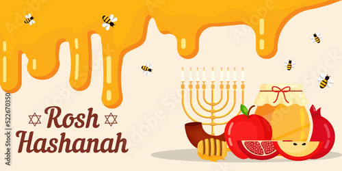 flat rosh hashanah background illustration with melted honey, fruits, and bee photo