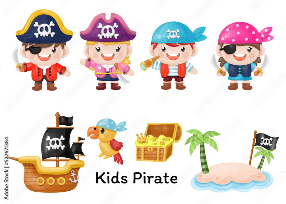 Obraz premium Kids pirate captain and sailor characters, Watercolor Clipart