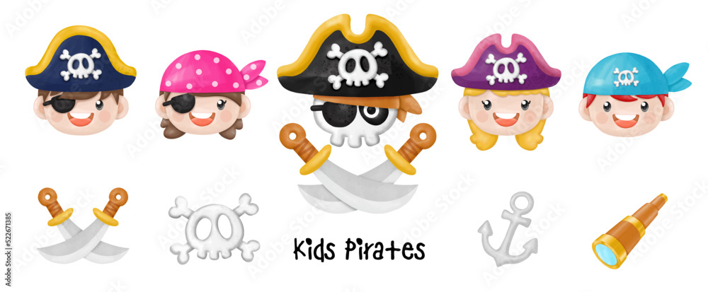 Kids pirate captain and sailor characters, watercolor Clipart