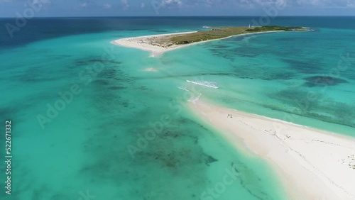 Drone stunning landscape couple stand on long and narrow strip of white sand, Cayo  Agua island Los Roques photo