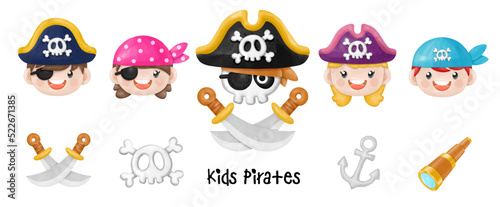 Kids pirate captain and sailor characters, Watercolor Clipart