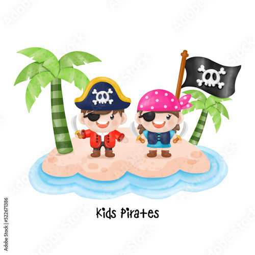 Kids pirate captain and sailor characters, Watercolor Clipart