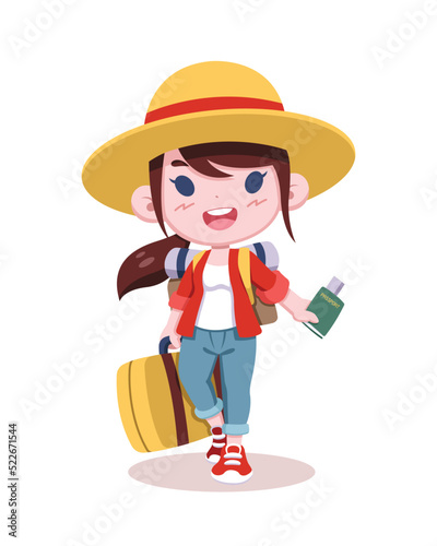 Cute style female tourist holding luggage and passport cartoon illustration
