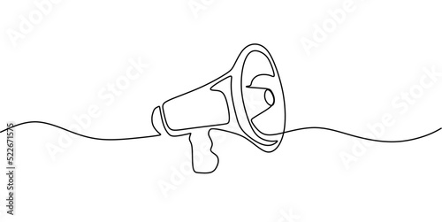 Public horn speaker in One continuous line drawing. Megaphone announce symbol of marketing promotion in simple linear style. Business concept for attention and job offer. Doodle vector illustration photo