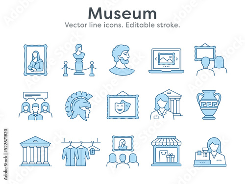 Museum icons such as culture, antiques, helmet, exhibition and more. Vector illustration isolated on white. Editable stroke.