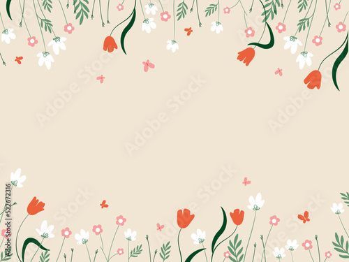 Horizontal floral frame with simple vector flowers
