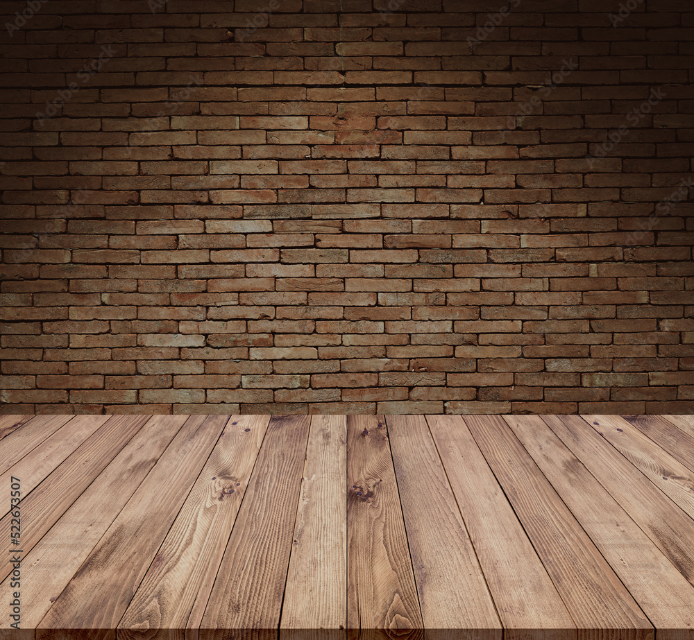 Old wood table with abstract old brick wall with light background for product display