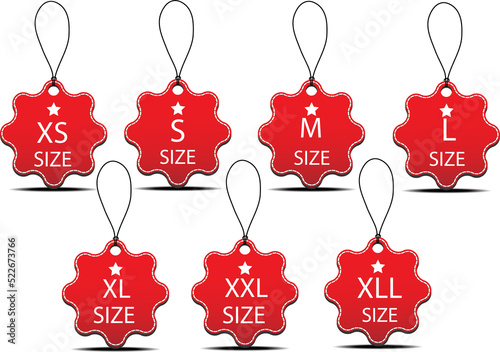 Collection of clothing size labels or price tags on white background, vector illustration