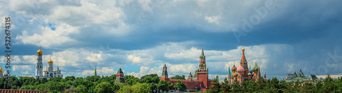 Panorama - St. Basil's Cathedral,  Kremlin Walls, Spasskaya tower and Bell tower.
