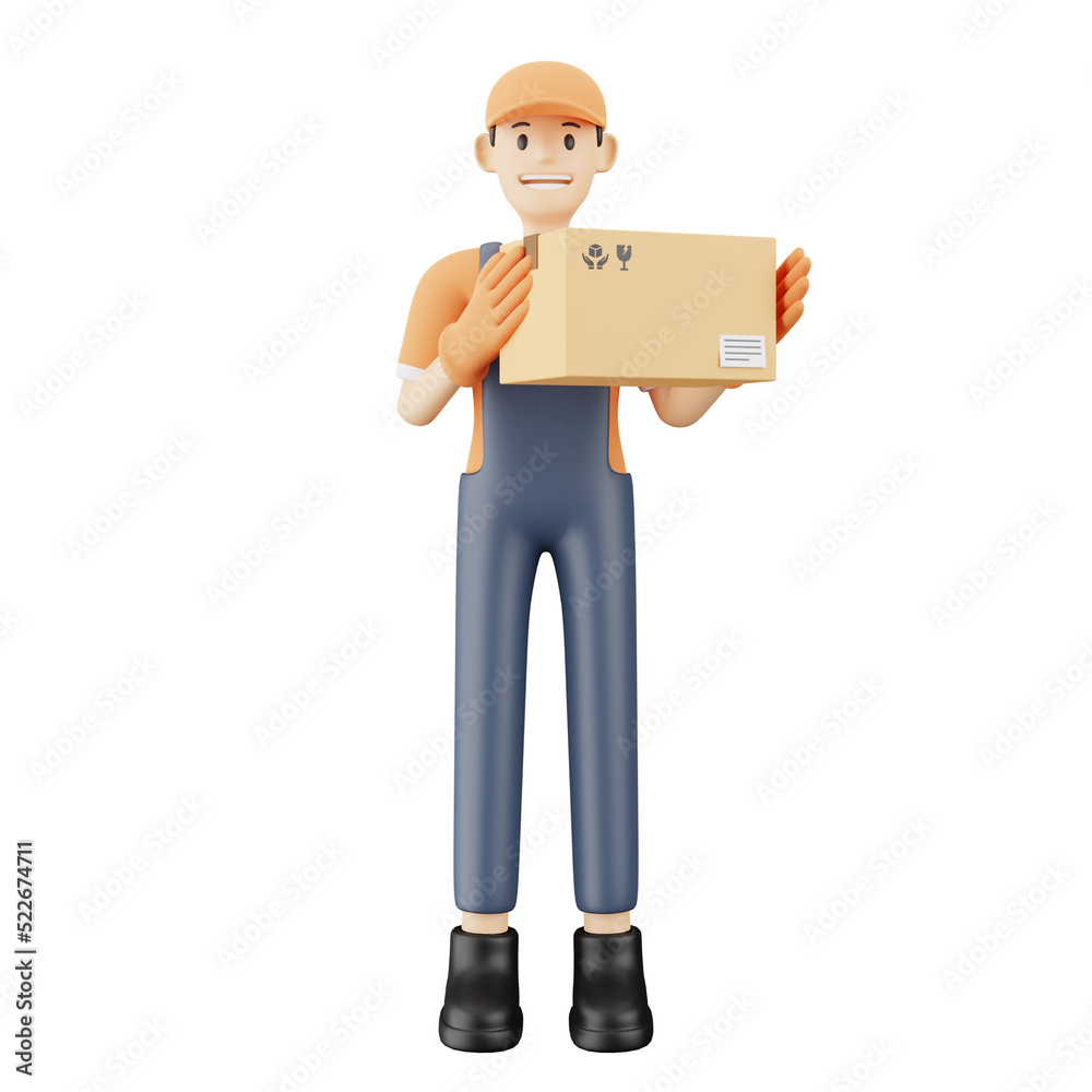 Courier delivery guy with package 3d illustration Courier delivery guy with package 3d illustration