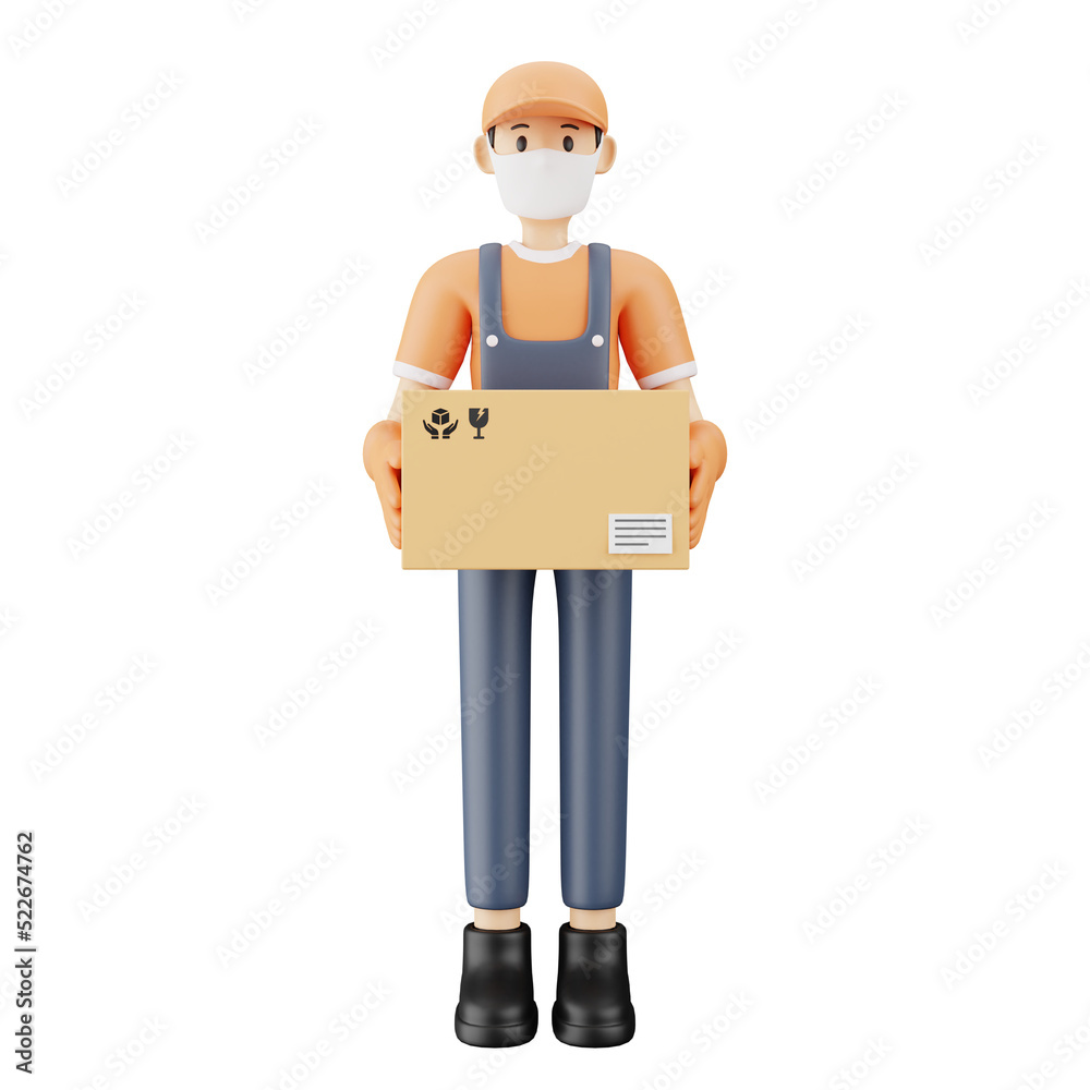 Courier guy wearing medical mask holding package 3d illustration