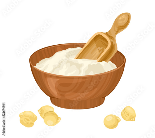 Chickpea flour in wooden bowl with spoon and beans. Vector  organic food illustration in cartoon flat style.