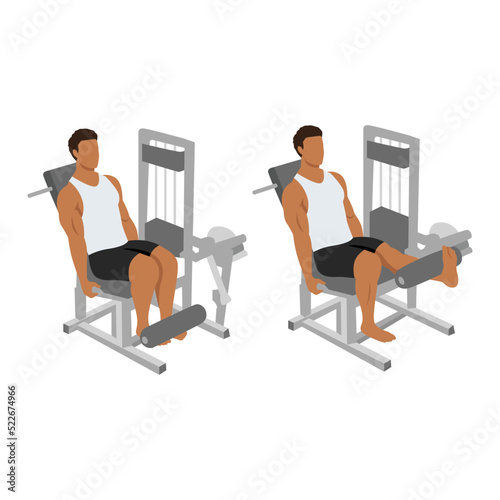 Man doing single leg extension exercise. Flat vector illustration isolated on white background