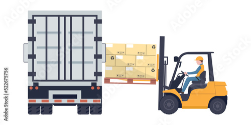 Worker driving a forklift loading a pallet with stacked boxes to a refrigerator truck. Industrial storage and distribution of products