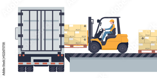 Worker driving a forklift loading a pallet with stacked boxes to a refrigerator truck. Industrial storage and distribution of products
