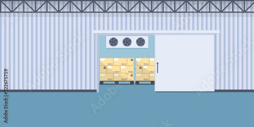 Warehouse cold storage of packaging. Cold rooms used in the food industry for food preservation and freezing. Industrial storage and distribution of products