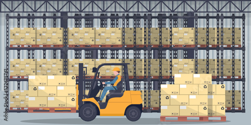Industrial warehouse for the storage of export products with boxes and racks with stacked boxes. Worker driving forklift loading pallets. Industrial storage and distribution of products