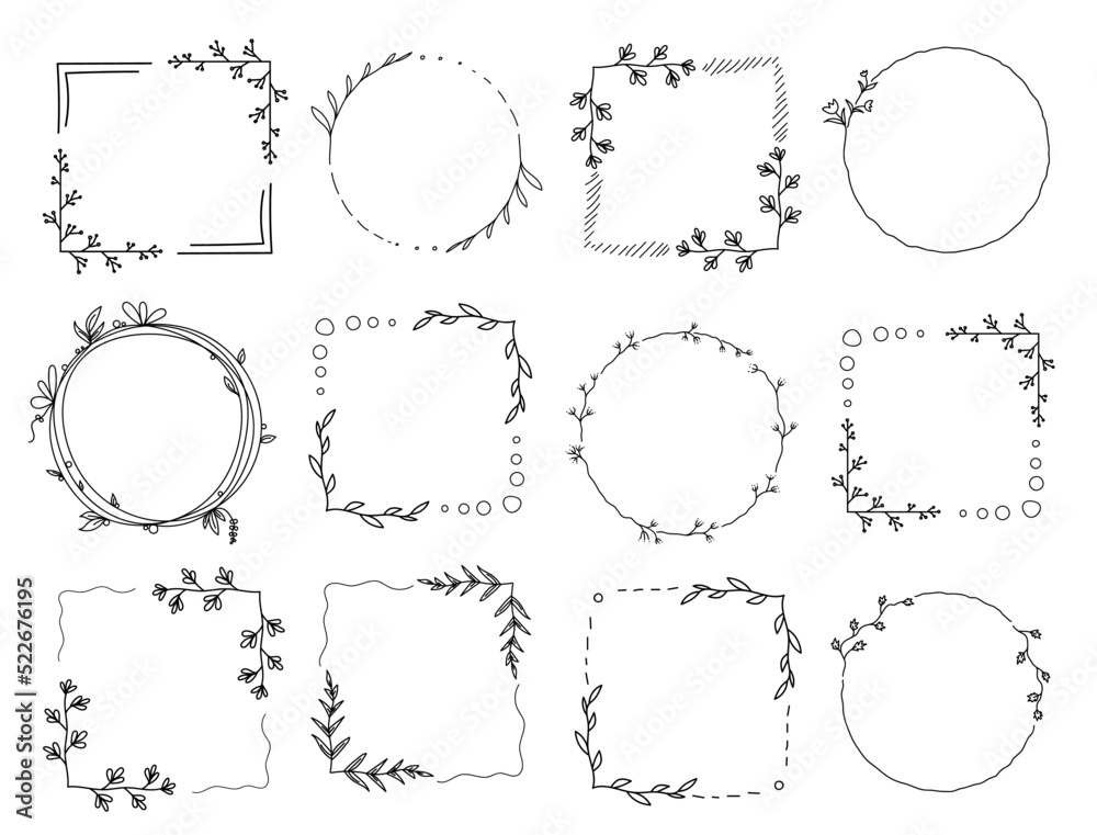 Set of square and circle floral empty frame with branches and flowers. Elegant herbs or blossoms. Vector botanical outline borders set
