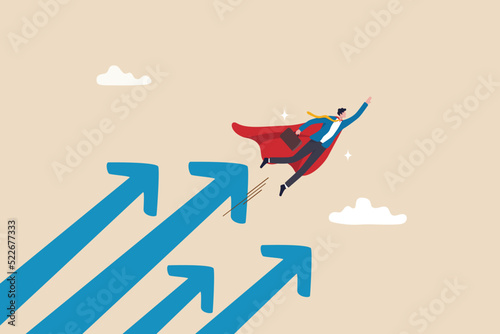 Growth for success, professional or expert to grow business, career development or leadership, winner motivation concept, businessman superhero flying high in the sky with growth rising up arrows.
