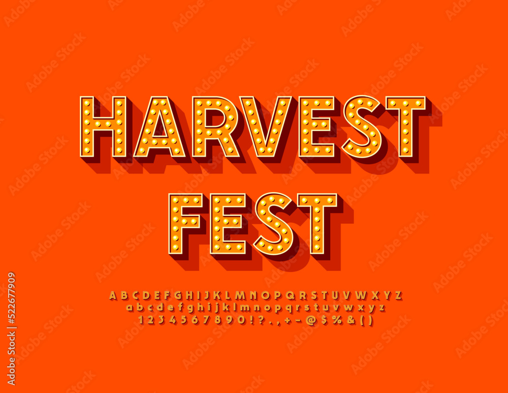 Vector autumn flyer Harvest Fest. Orange lightbulb Font. Bright Lamp Alphabet Letters and Numbers set