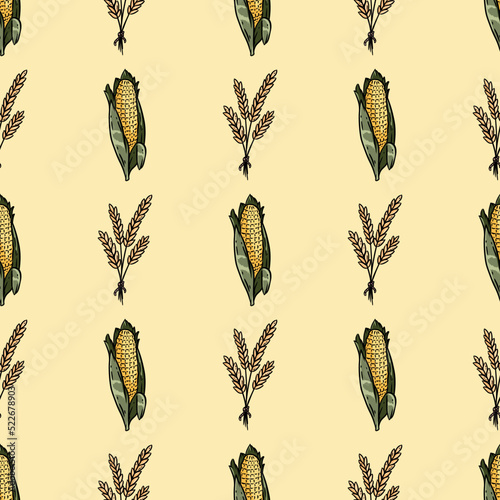 Cute cartoon wheat bundles and corn ears doodles seamless border pattern. Agriculture vector repeatable background texture tile. Cozy template of stock print for wrapping design, wallpaper