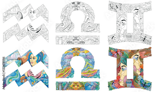 Air Signs Zodiac Libra, Gemini, Aquarius. Vector zentangle object for coloring. Color and outline set