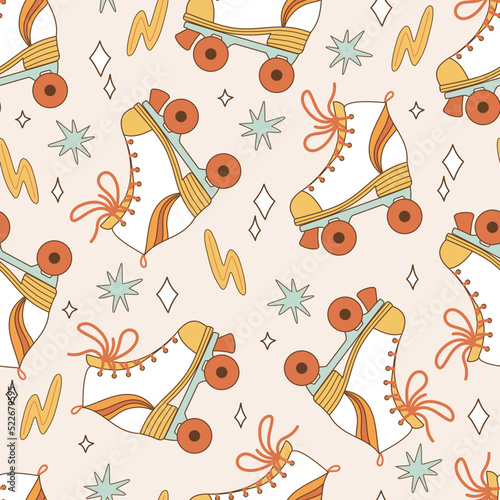 Seamless pattern retro 70s hippie. Psychedelic groove elements. Background with roller skates in vintage style. Illustration with positive symbols for wallpaper, fabric, textiles. Vector