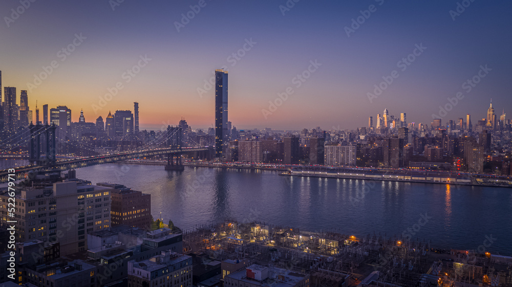 Skyline of NYC from Drone Aerial Shot, Downtown BK to Manhattan Sunset