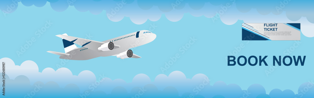 Travel and flight ticket advertising template with airplane in the sky, colorful background in paper cut style vector illustration.