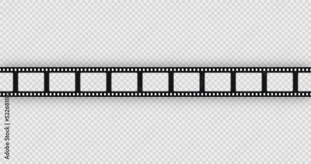 Old cinematic frame. Vintage video border. Seamless photo roll on transparent background. Retro camera reel with slide. Close-up cinema seamless strip. Vector illustration.
