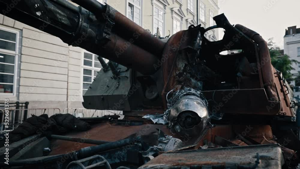 Close-up of caterpillar battle tank turret and armor burned-out Russian tank as a result of the Russian-Ukrainian war.Military battle army war concept