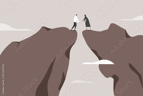 Conceptual illustration of a man and woman standing on top of two different cliffs