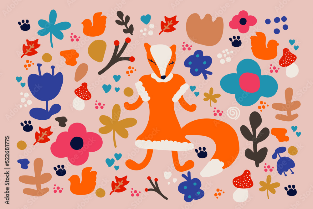 Fototapeta premium Trendy autumn creative illustration with fox and decorative elements.