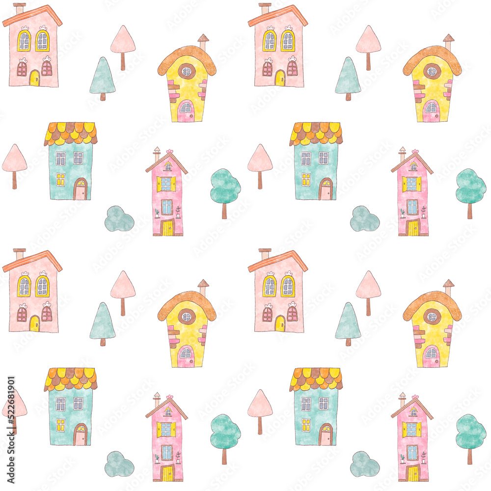 Childish urban seamless pattern with cute pink houses and trees on a white background. Ideal for fabric, textile, wallpaper, prints, scrapbooking, party decoration. Hand drawn illustration