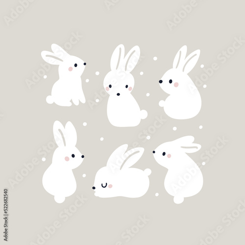 Cute white hare, bunny, rabbit animals. Baby bunny character in different pose