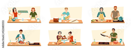 family cooking. male and female characters cooking at kitchen boiling frying and slicing food. Vector cartoon illustrations