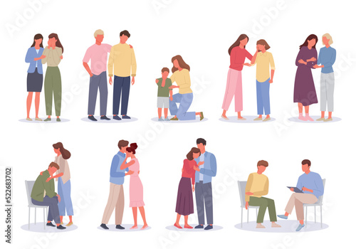 consolation. moral support for people with psychology problem friendly moral reassurance. Vector parenthood concept pictures