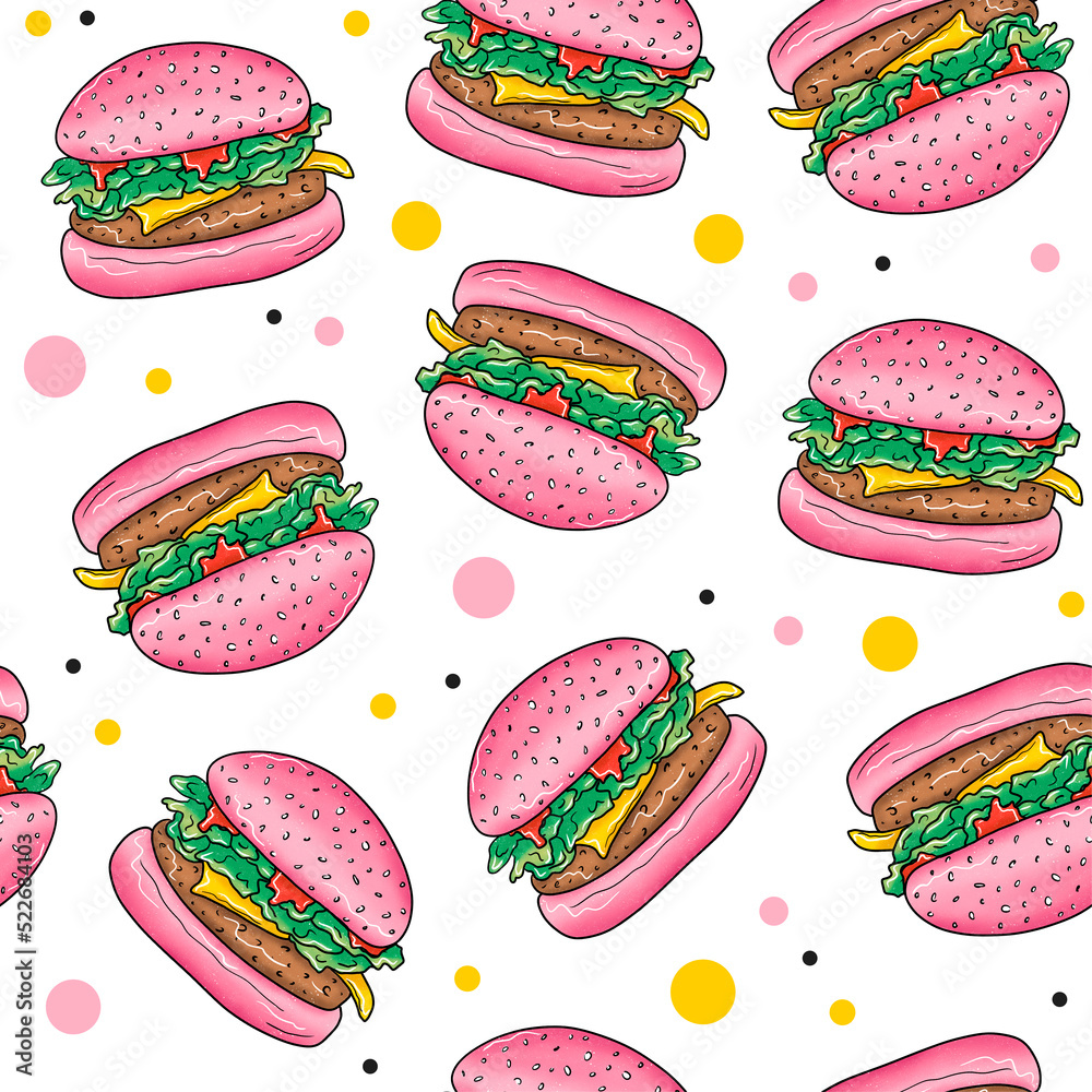 Seamless pattern with pink vegen hamburger and dots on a white background. Texture for fabric, packaging, textiles, wallpaper, clothing. Doodle illustration. Unhealthy american fast food