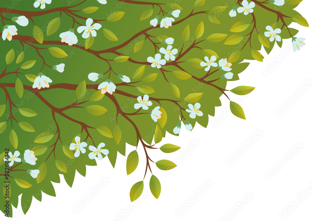 Floral background decorated blooming white flowers branch, decorative backdrop for spring time season design. Banner, poster, flyer with place for your text. Paper cut out style, vector illustration Floral background decorated blooming white flowers branch, decorative backdrop for spring time season design. Banner, poster, flyer with place for your text. Paper cut out style, vector illustration