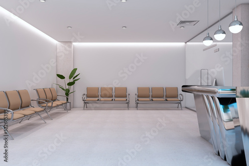 Modern lobby interior with silver reception desk, seating and decortaive items. Waiting area concept. 3D Rendering. © Who is Danny