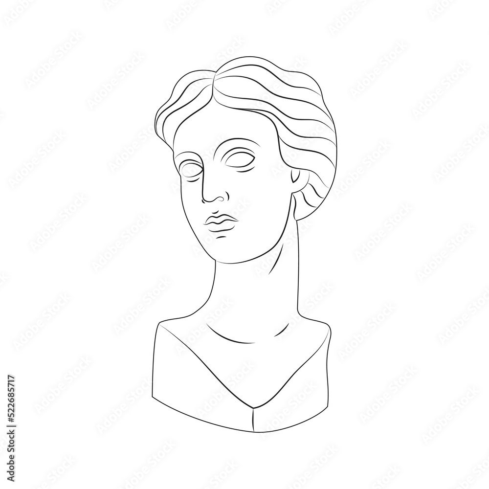 Linear drawing of head of antique statues of the goddess in linestyle.