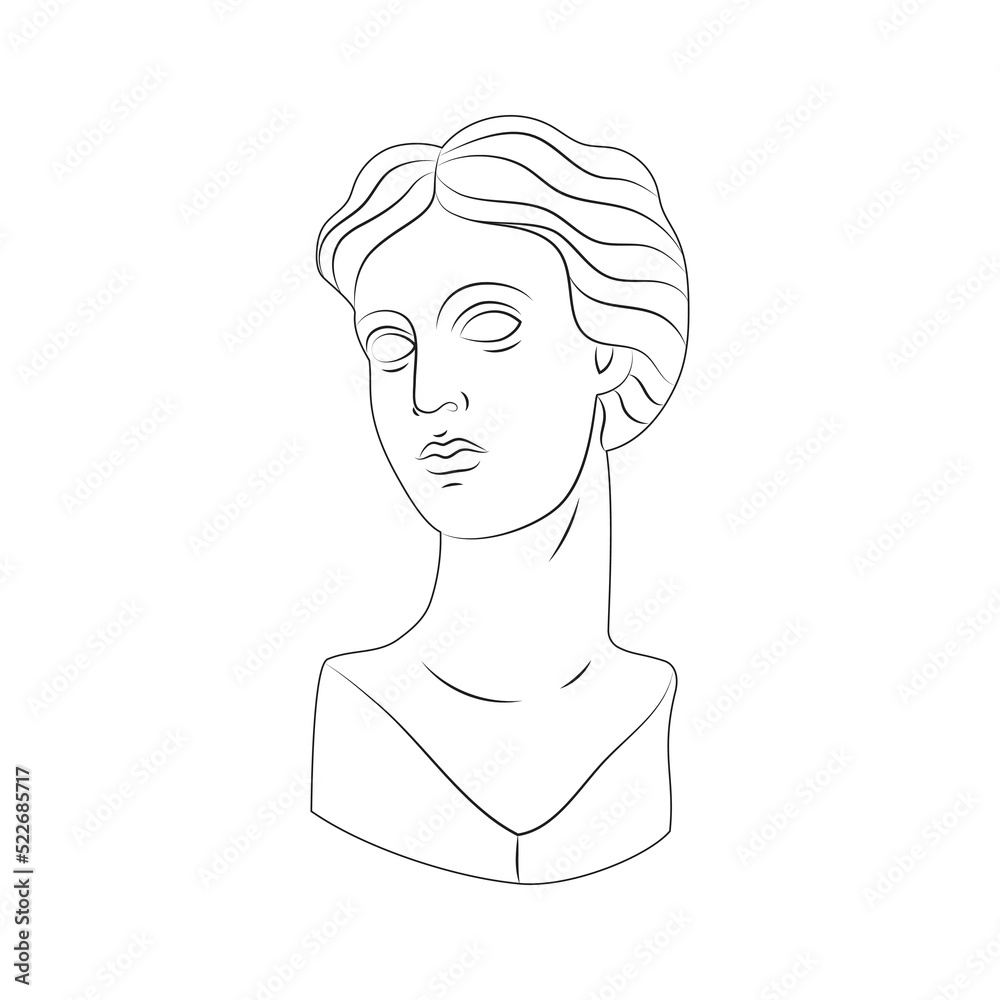 Linear drawing of head of antique statues of the goddess in linestyle. Linear drawing of head of antique statues of the goddess in linestyle.