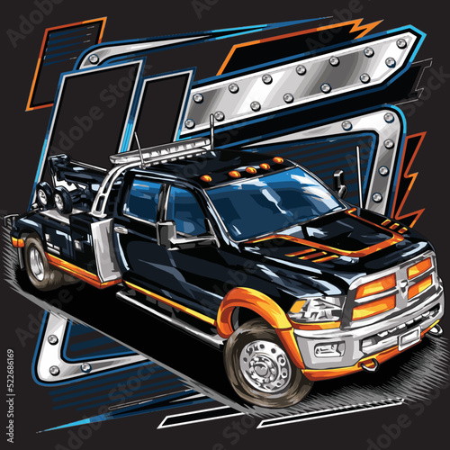 towing service truck isolated on black background for poster, t-shirt print, business element, social media content, blog, sticker, vlog, and card. vector illustration.