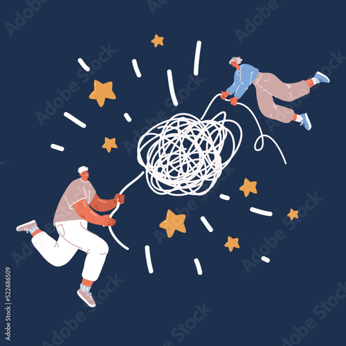 Help tangled minds. Hand unravel disorder mental threads of teenager woman, treatment anxiety mind obsessive brain psychology counseling, scribble memory, vector illustration of mental psychotherapy