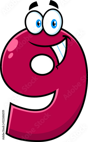 Funny Мagenta Number Nine 9 Cartoon Character. Vector Hand Drawn Illustration Isolated On White Background