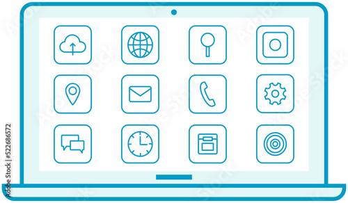 Arrangement of program shortcuts on display. Computer home screen, desktop interface with icons. Installed programs of modern device, digital technology design. Operating system and PC applications