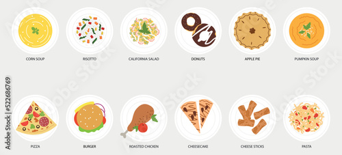 Vector food icons for catering menu. Set of dishes.