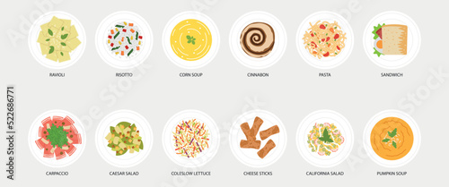 Set of different food vector icons for menu.